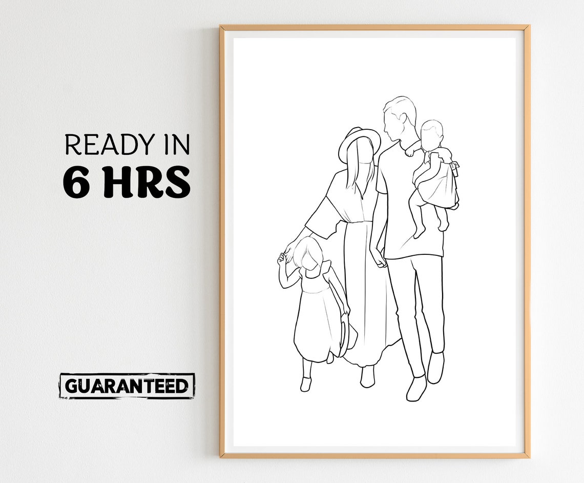 Custom Line Art Family Portrait of Four Walking Together Side by Side Poster