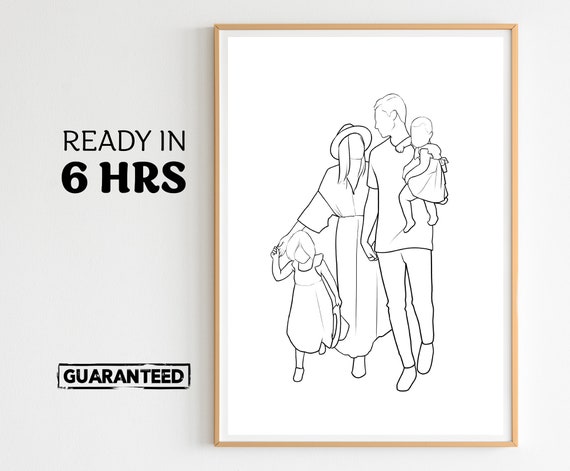 Custom Line Art Family Portrait of Four Walking Together Side by Side Poster