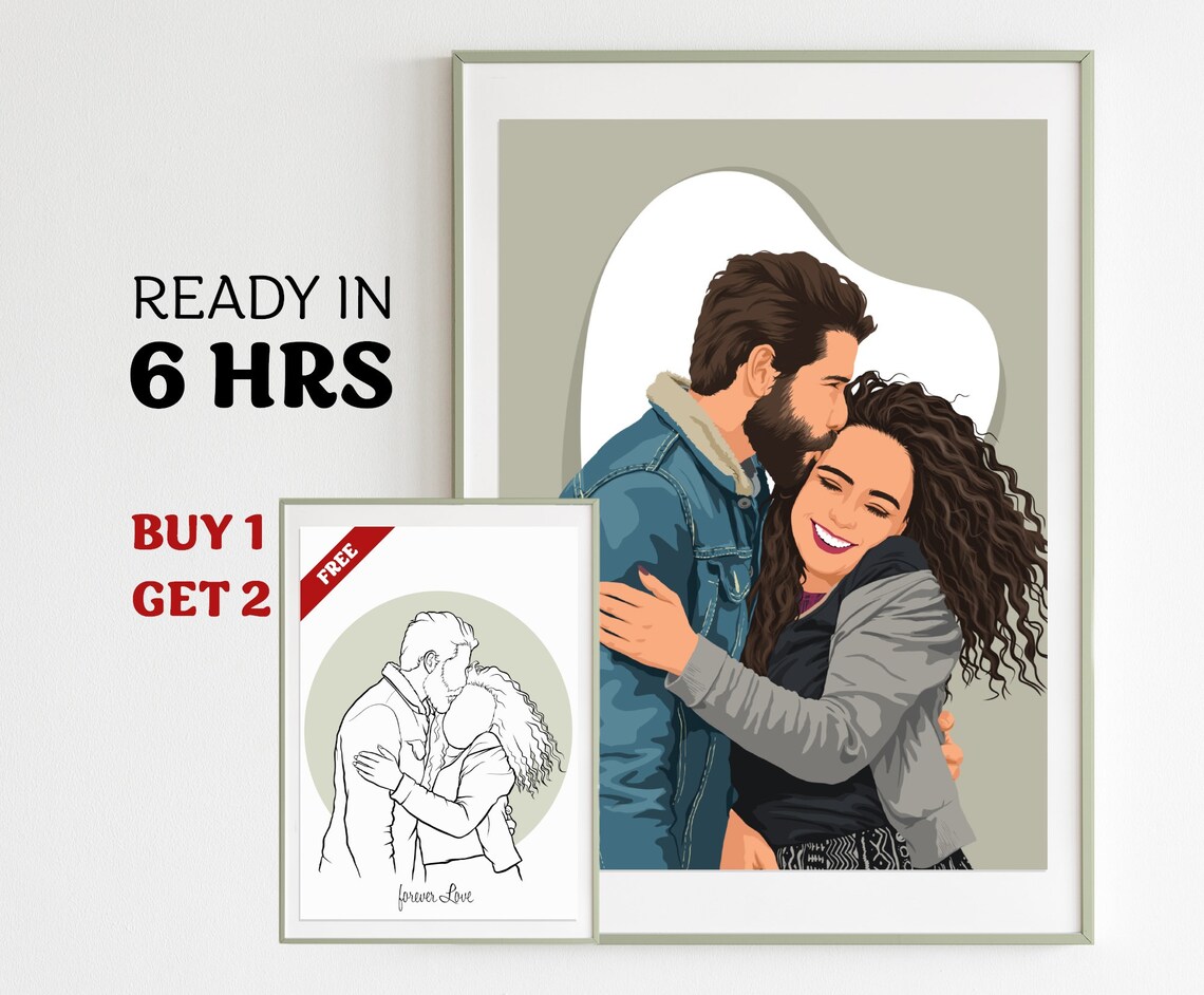 Custom Color Cartoon Couple Portrait with Free Line Art Sketch Poster