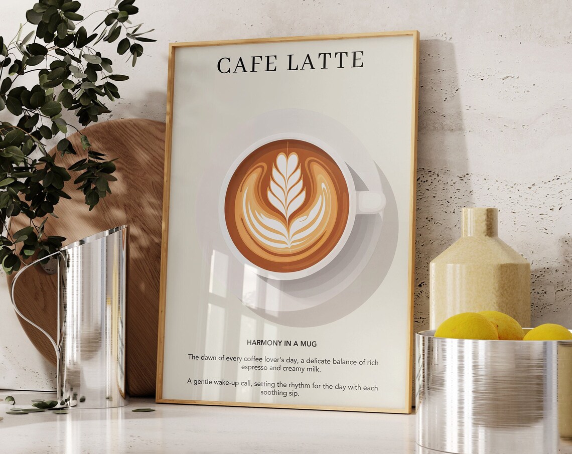 Cafe Latte Coffee Art Print, Retro Kitchen Decor