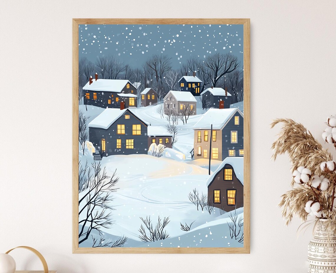 Connecticut Winter Scene, Cozy Small Town Illustration
