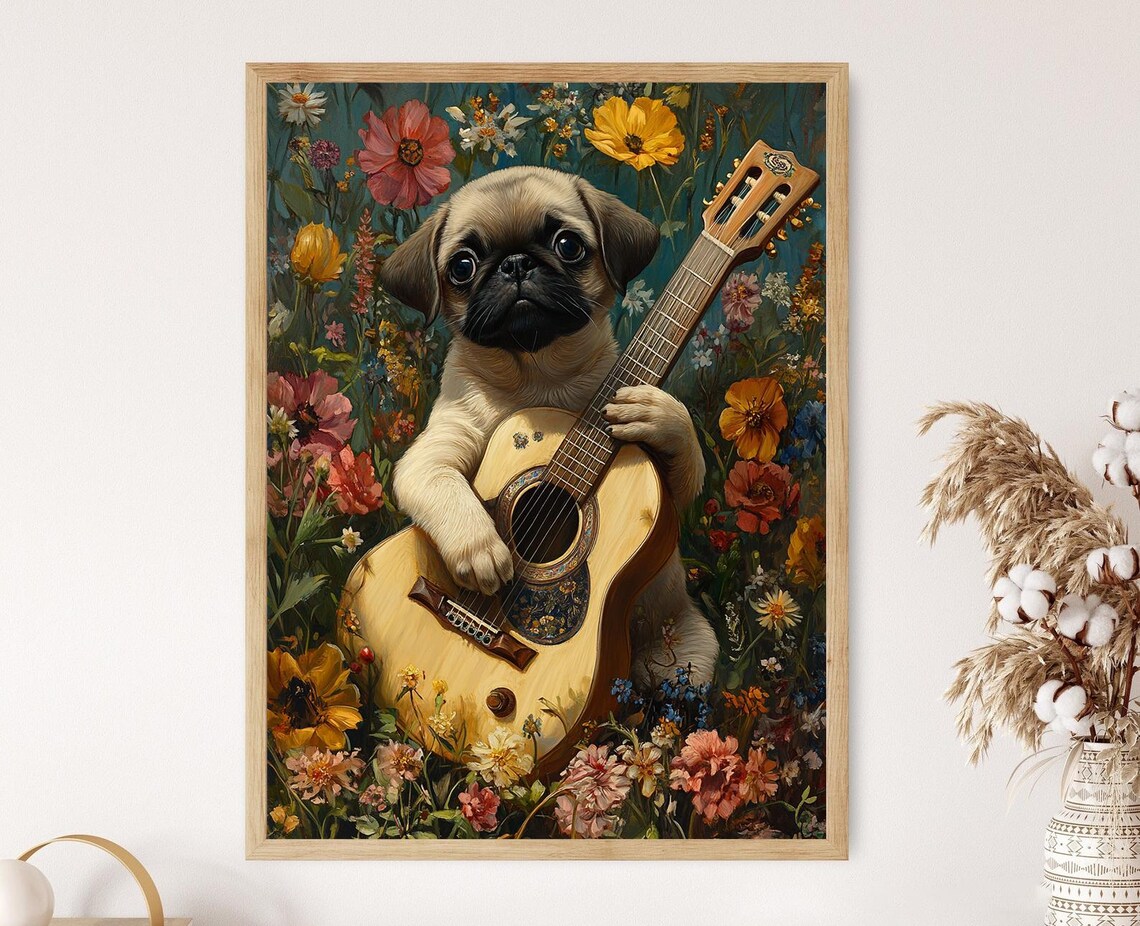 Pug Puppy Playing A Guitar, Funny Dog Art Print