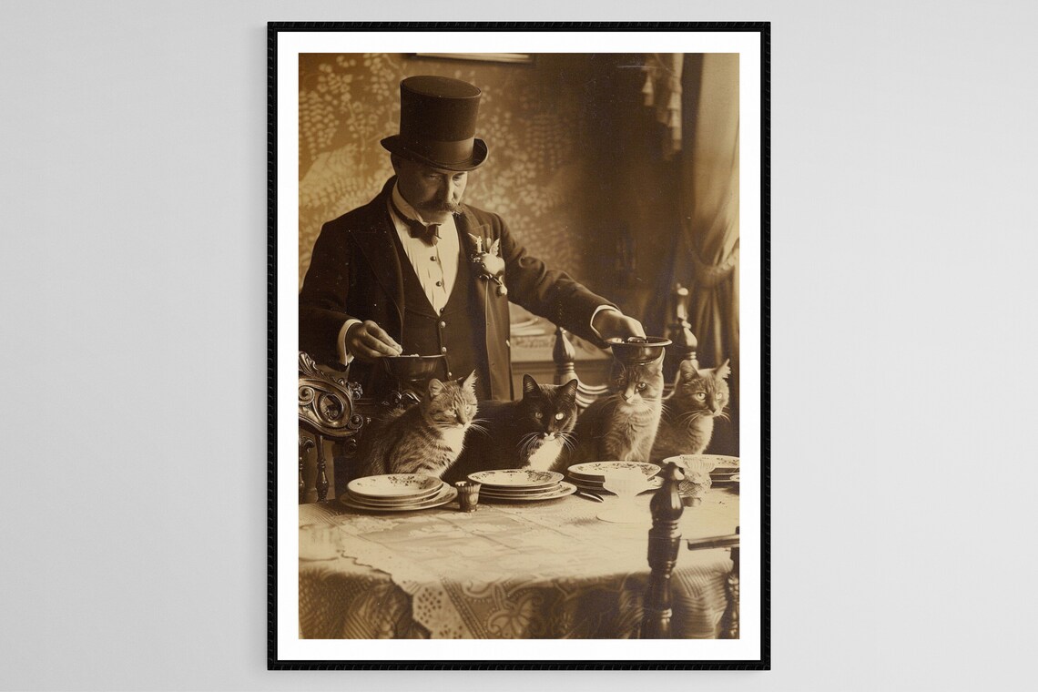 Victorian Butler Serving Dinner To Four Cats Vintage Photo Poster