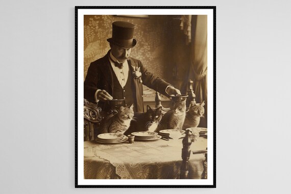 Victorian Butler Serving Dinner To Four Cats Vintage Photo Poster