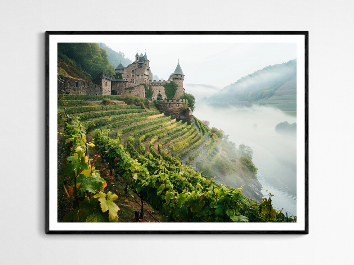 German Castle Above Terraced Vineyard Hills In Morning Mist Poster