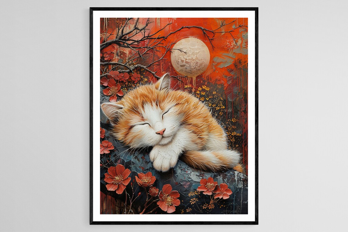 Sleeping Orange Tabby Cat Under Moonlit Cosmos Flowers Poster