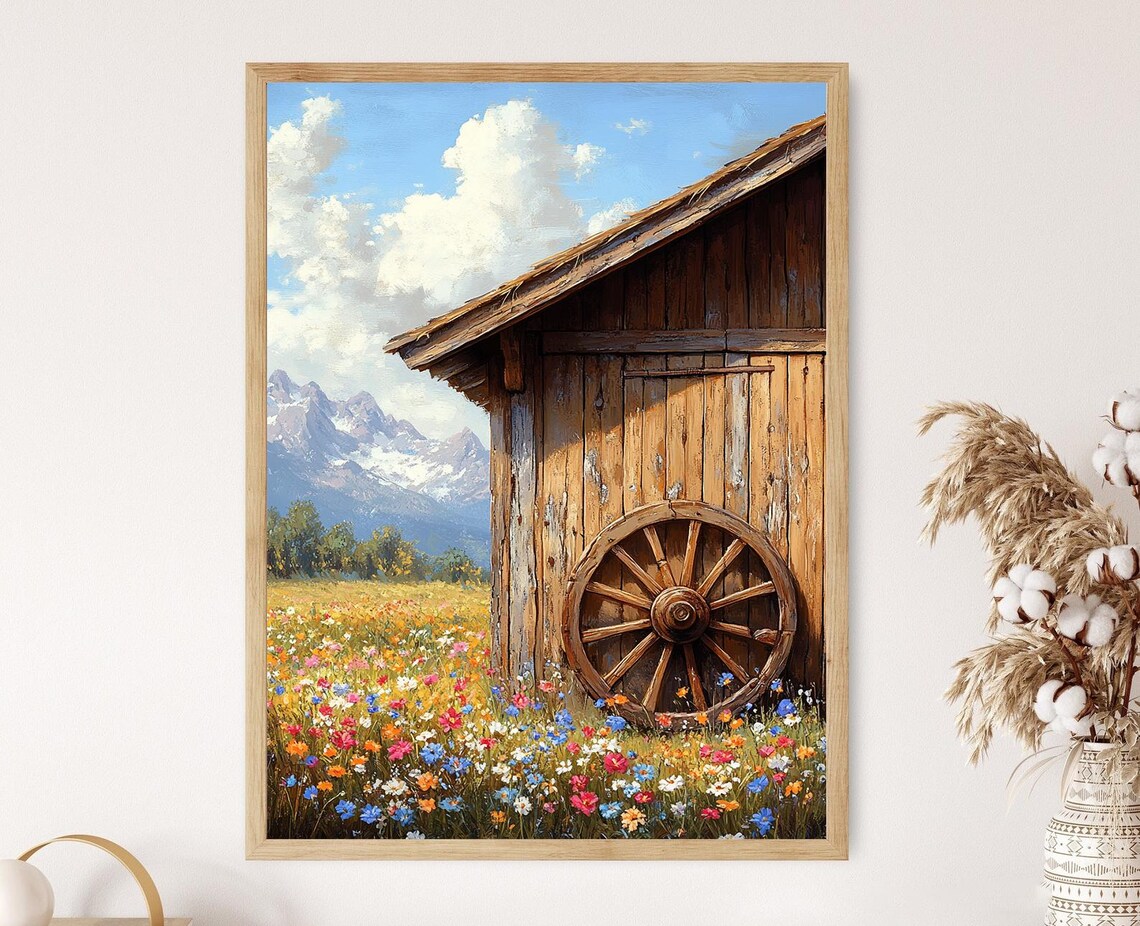 Peruvian Farm Style Wagon Wheel, Wildflowers Art Print