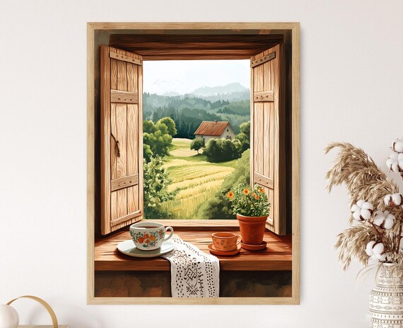 Hedebo Wooden Window Illustration Danish Folk Motifs Traditional Nordic Home