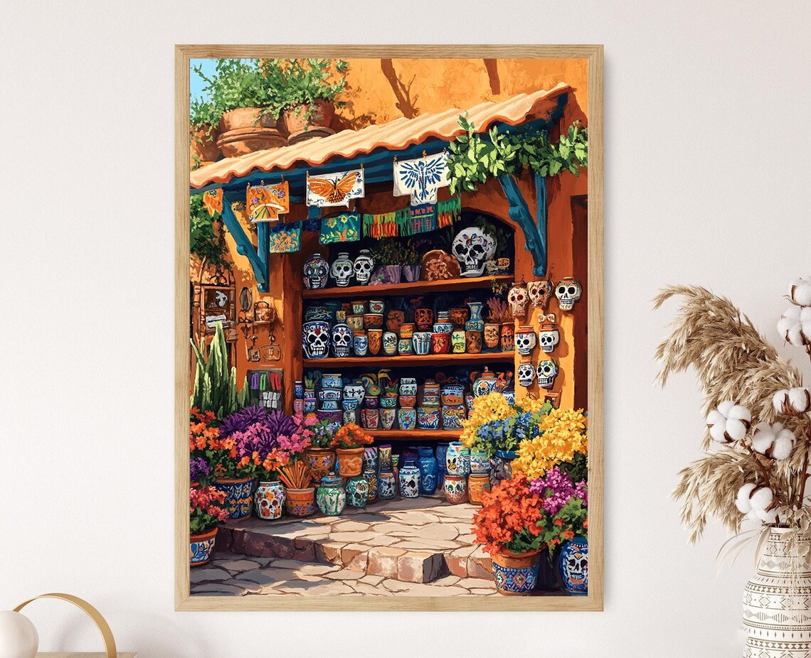 Mexican Talavera Pottery Market Sugar Skull Stall Day of Dead Poster