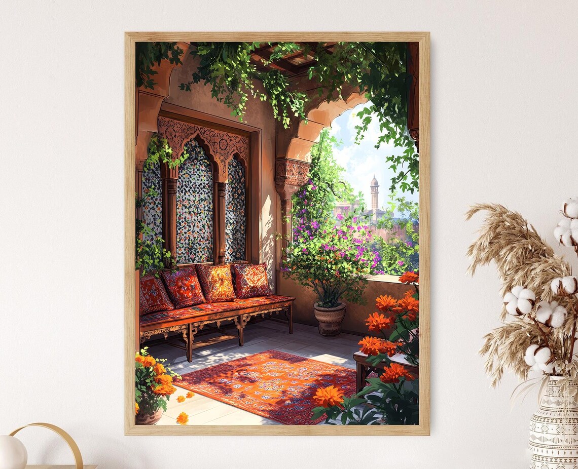 Lahore Patio Art Print, Jharokha Phulkari Decor