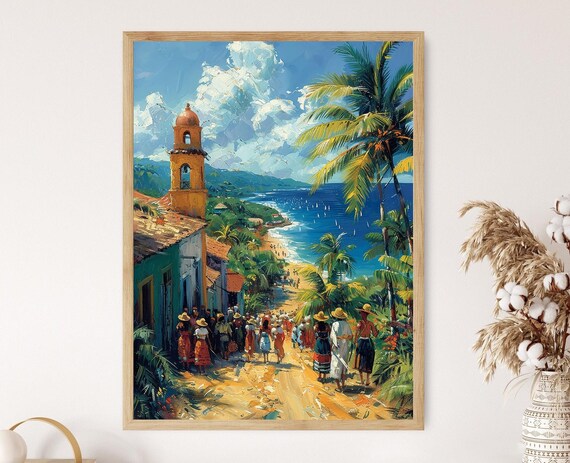 Bright Tropical Caribbean Coastal Village Street Scene Art Poster
