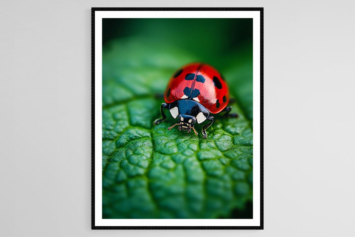 Ladybug On Leaf Art Print Vibrant Macro View