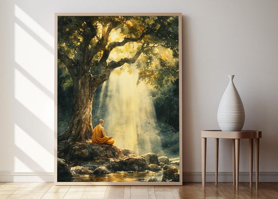 Meditating Monk Art Print Peaceful Bodhi Tree Scene