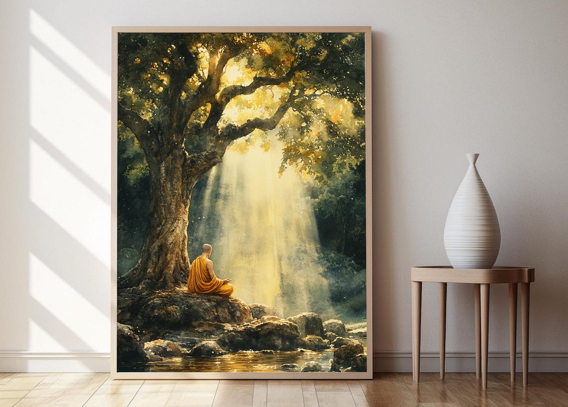 Meditating Monk Art Print Peaceful Bodhi Tree Scene
