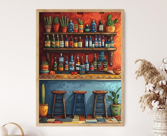 Mexican Cantina Bar Shelves Colorful Cactus Folk Art Home Poster
