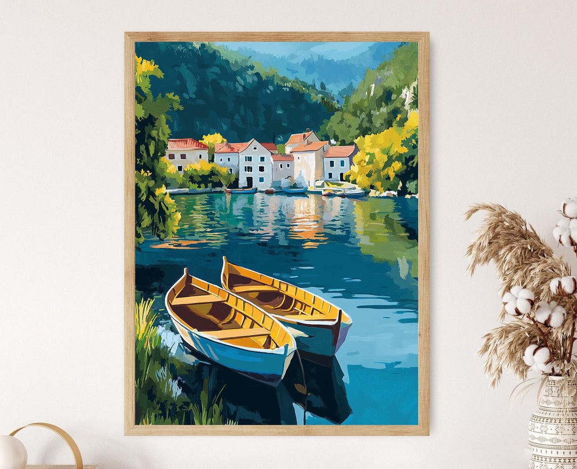 Drava River Art Print Croatian Naive Art Serene Water Scene Traditional Boats