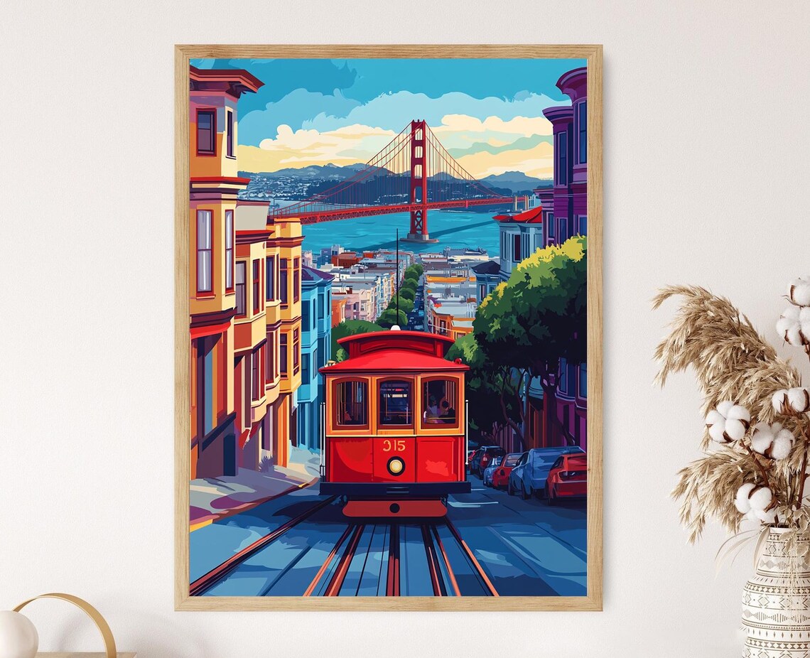 San Francisco Cable Car Golden Gate Bridge Poster Red Tram City Travel Art