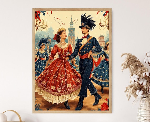 Polish Mazurka Dancers in Elegant Szlachta Costumes Before a Grand City Poster