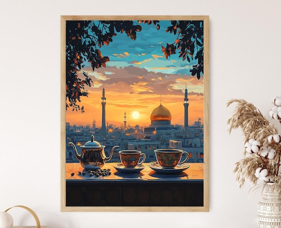 Najaf Coffee Set Painting Iraqi Religious Heritage Art Golden Dome View