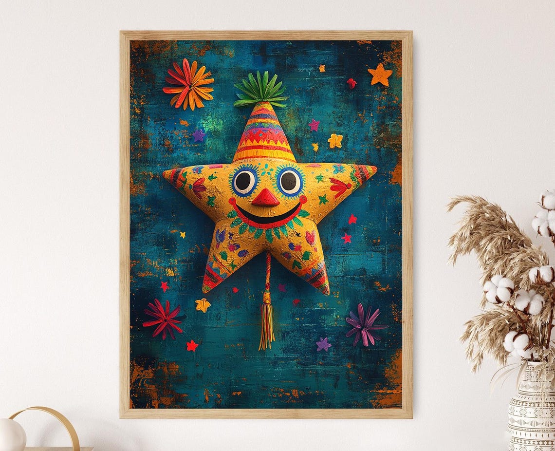 Mexican Piata Art Print Colorful Star Shape With Traditional Patterns