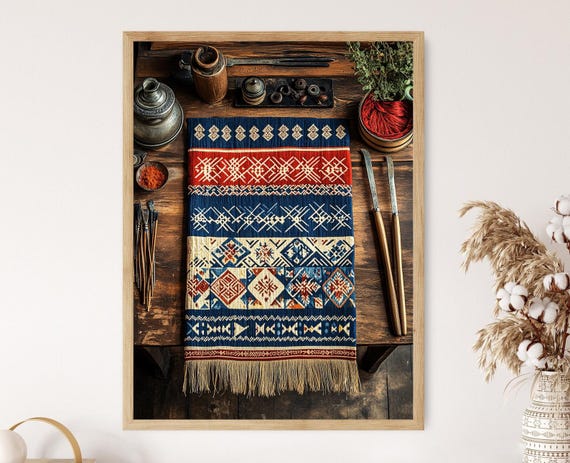 Chinese Miao Textile Art Print Geometric Motif Fabric Poster Traditional Artisan Illustration
