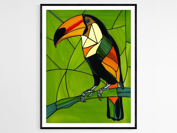 Toucan Stained Glass Style Poster With Bold Orange Beak on Green Leaves