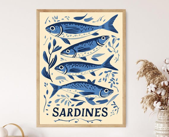 Vintage Sardines Art Print Blue Nautical Fish Illustration Coastal Kitchen Decor
