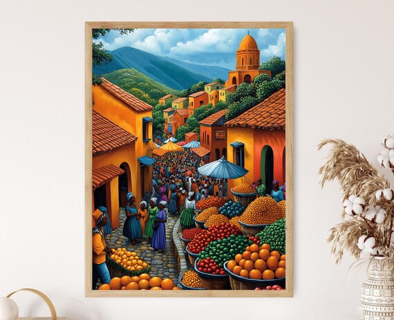 Togo Marketplace Illustration Colorful Farm Market Painting African Fruit Art Wall Art For Kitchen African Restaurant Decor