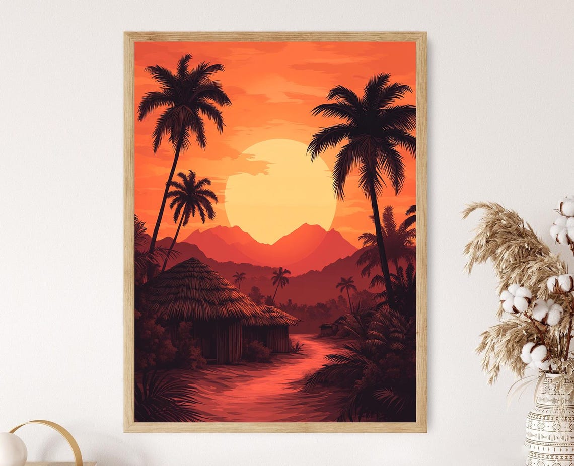Sudanese Sunset Art Print Flat Vector Illustration Desert Landscape Decor