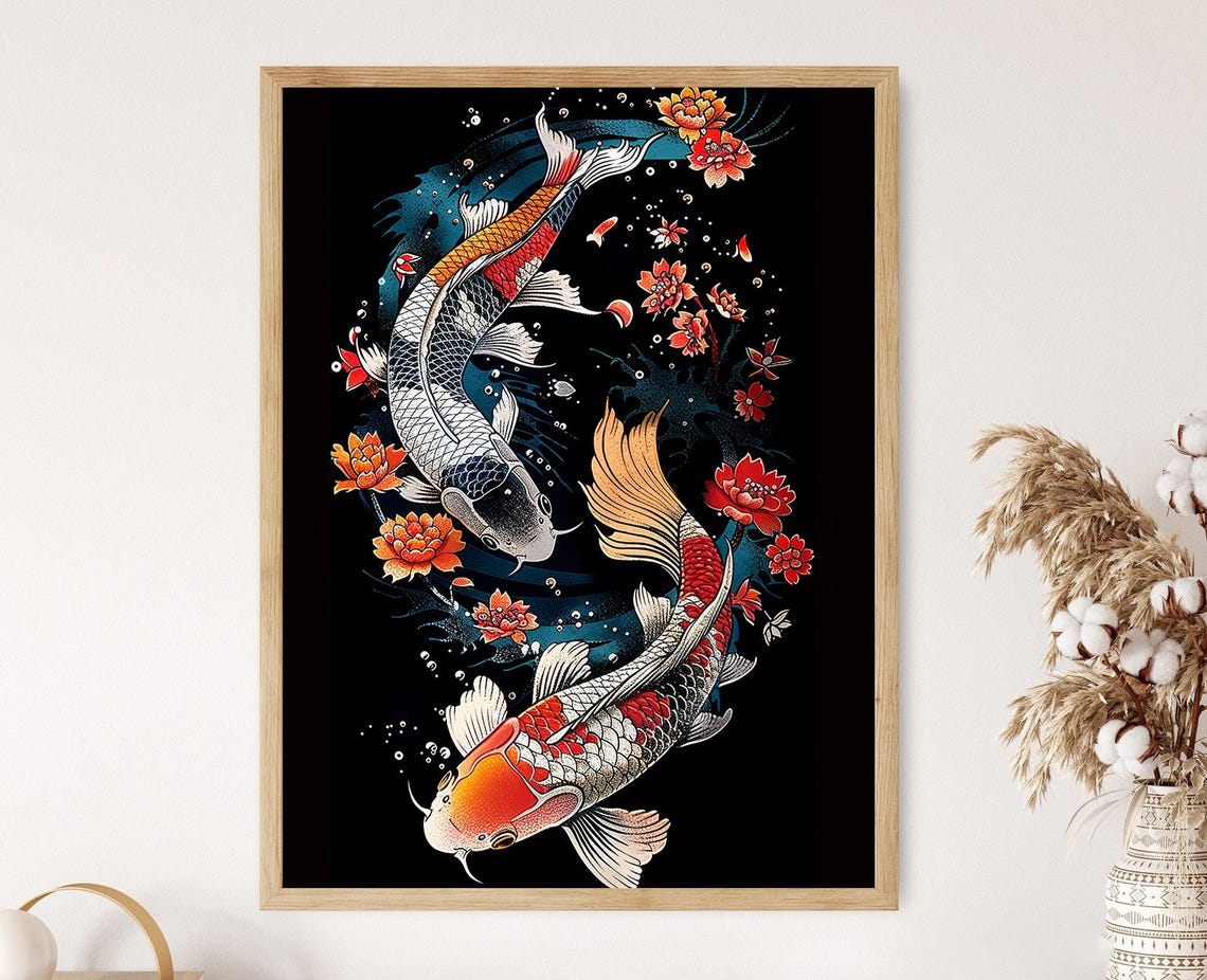 Koi Fish Japanese Art Print Handcrafted Wall Decor Zen Home Decor Unique Art Gift