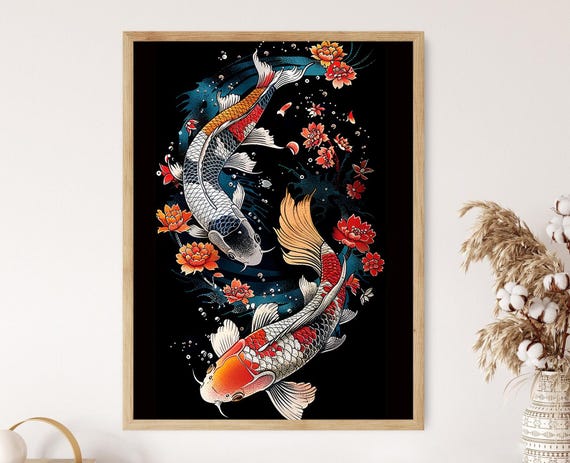 Koi Fish Japanese Art Print Handcrafted Wall Decor Zen Home Decor Unique Art Gift