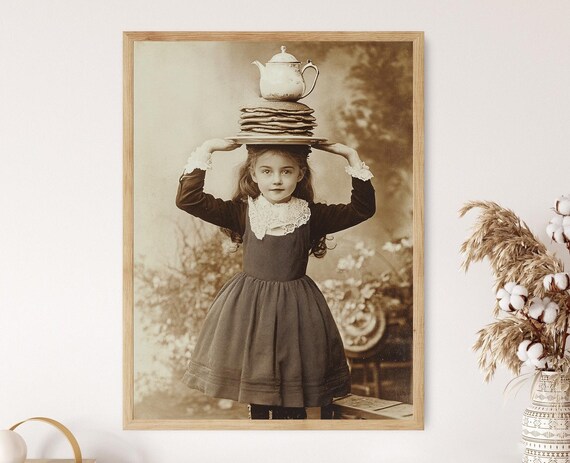 Victorian Girl Balancing Teapot Art Print Whimsical Vintage Humor