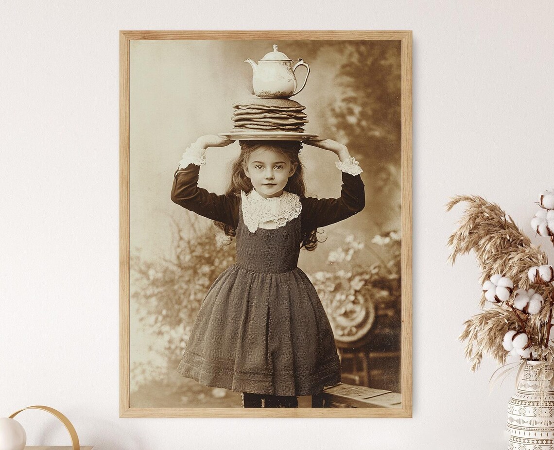 Victorian Girl Balancing Teapot Art Print Whimsical Vintage Humor