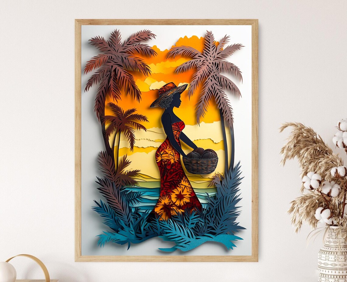 Jamaican Woman Illustration, Coconut Basket Art Print