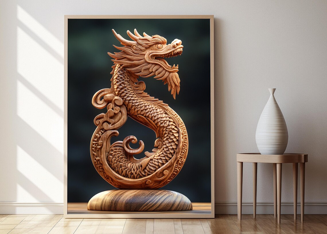 Hand Carved Wooden Dragon Sculpture in S Curve on Dark Poster