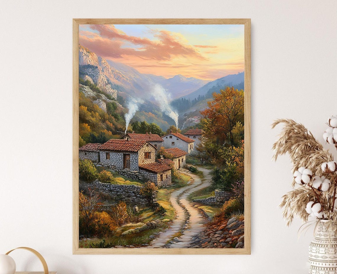 Balkan Village Art Print Stone Houses And Mountain Valley