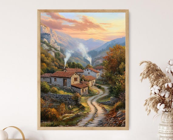 Balkan Village Art Print Stone Houses And Mountain Valley