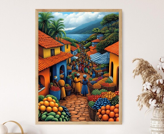 Liberia Marketplace Illustration Colorful Farm Market Painting African Fruit Art Wall Art For Kitchen African Restaurant Decor