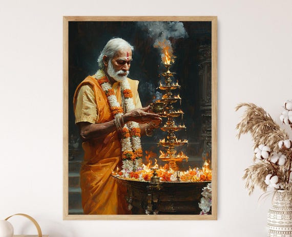 Hindu Aarti Illustration, Brass Diya Ritual Art