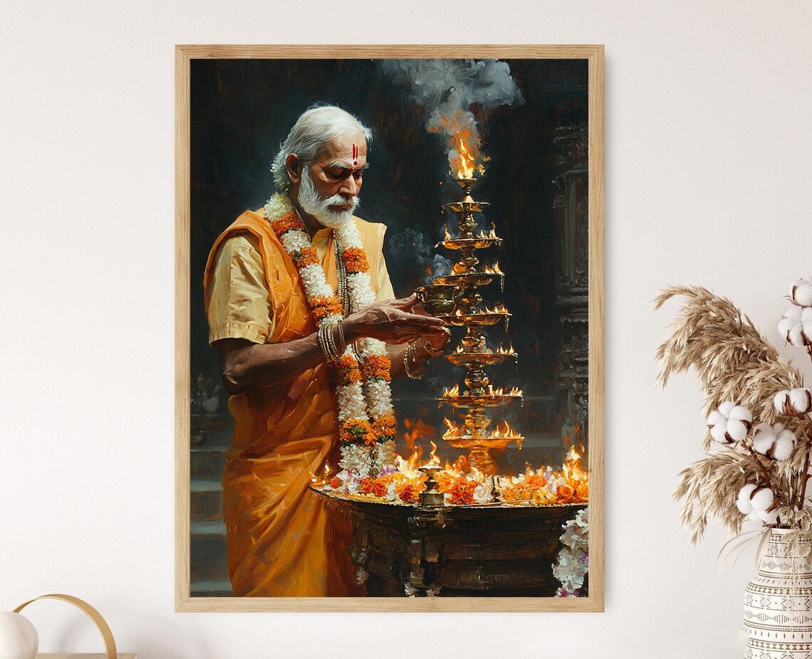 Hindu Aarti Illustration, Brass Diya Ritual Art