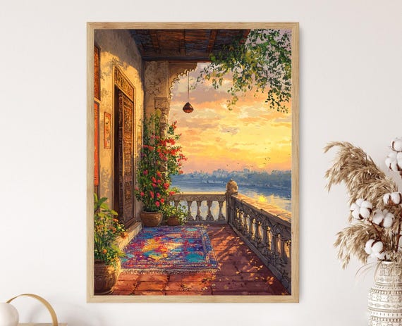 Ahmedabad Terrace With Bandhej Textiles Indian Heritage Art Riverfront View Print