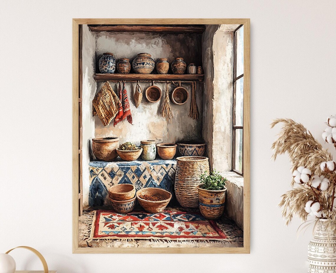 Rustic Kurdish Kitchen, Clay Bowls And Spice Jars