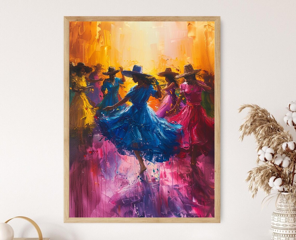 Dynamic Bomba Plena Dancers Colorful Puerto Rican Art Poster