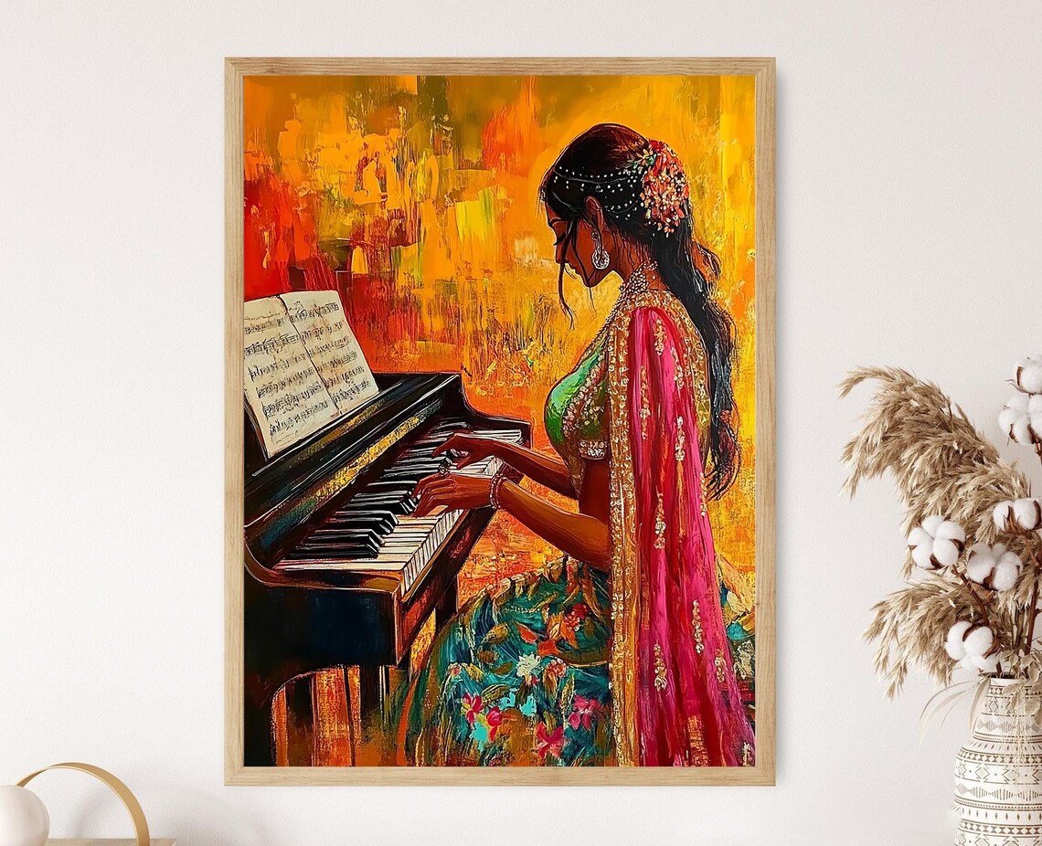 Indian Woman in Saree Playing Piano, Boho Art Print