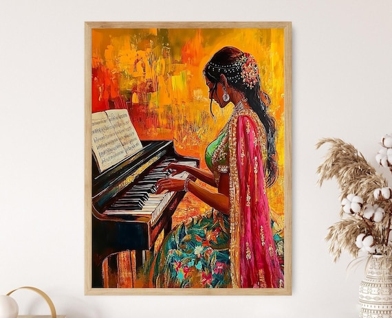 Indian Woman in Saree Playing Piano, Boho Art Print