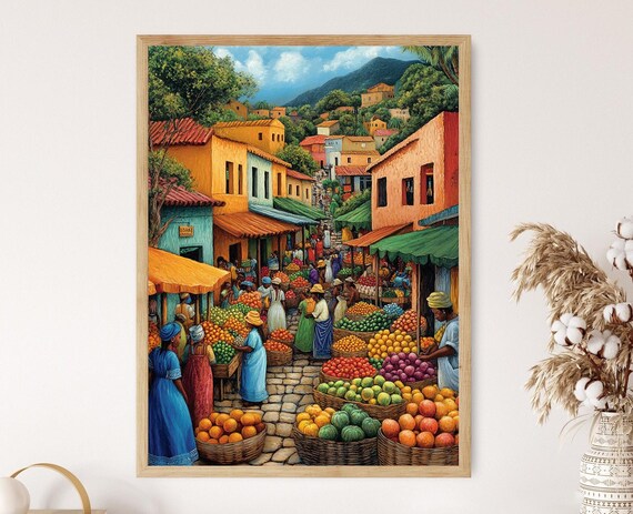 Burundi Marketplace Illustration Colorful Farm Market Painting African Fruit Art Wall Art For Kitchen African Restaurant Decor