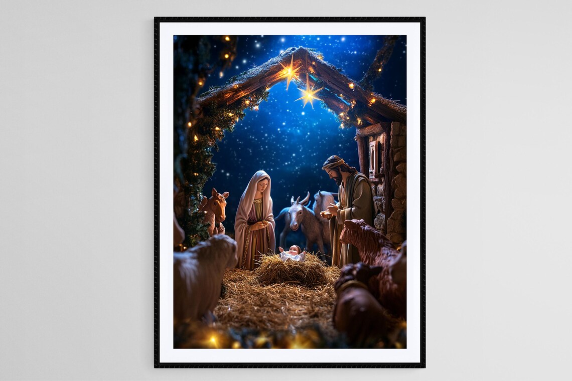 Baby Jesus in the Manger Under the Bright Star Nativity Scene Poster