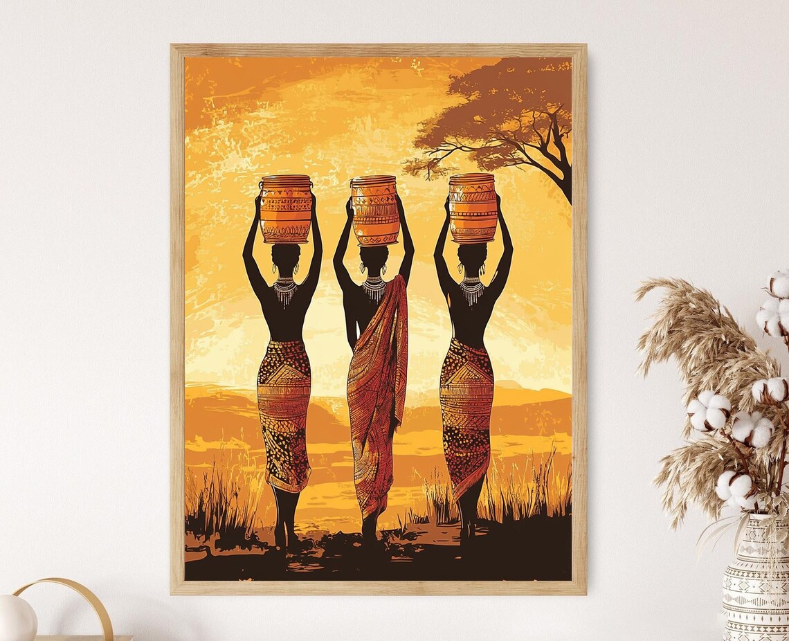Sudanese Women Carrying Pot Sunset Silhouette Art Print