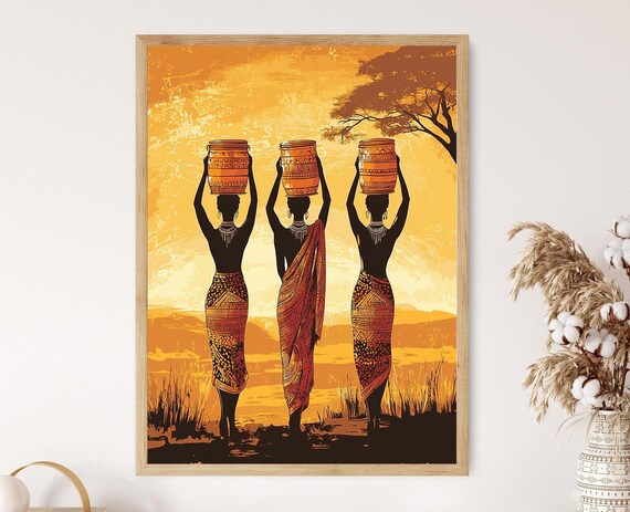 Sudanese Women Carrying Pot Sunset Silhouette Art Print