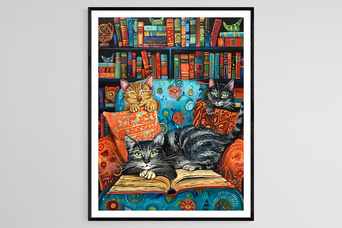 Louis Wain-Inspired Cats in a Cozy Library Art Print